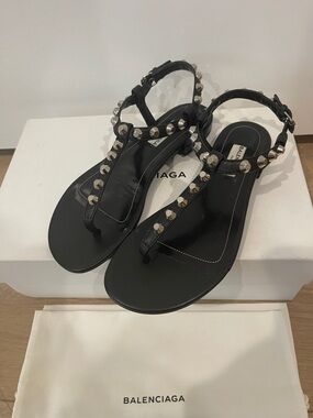Balenciaga Black Leather Studded T-Strap Sandals
